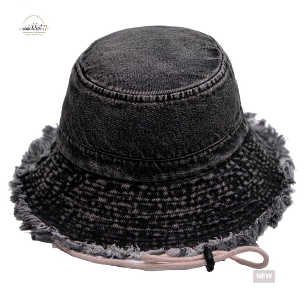 Cotton Denim Distressed Bucket Hat with Adjustable Fit and Fringe Brim